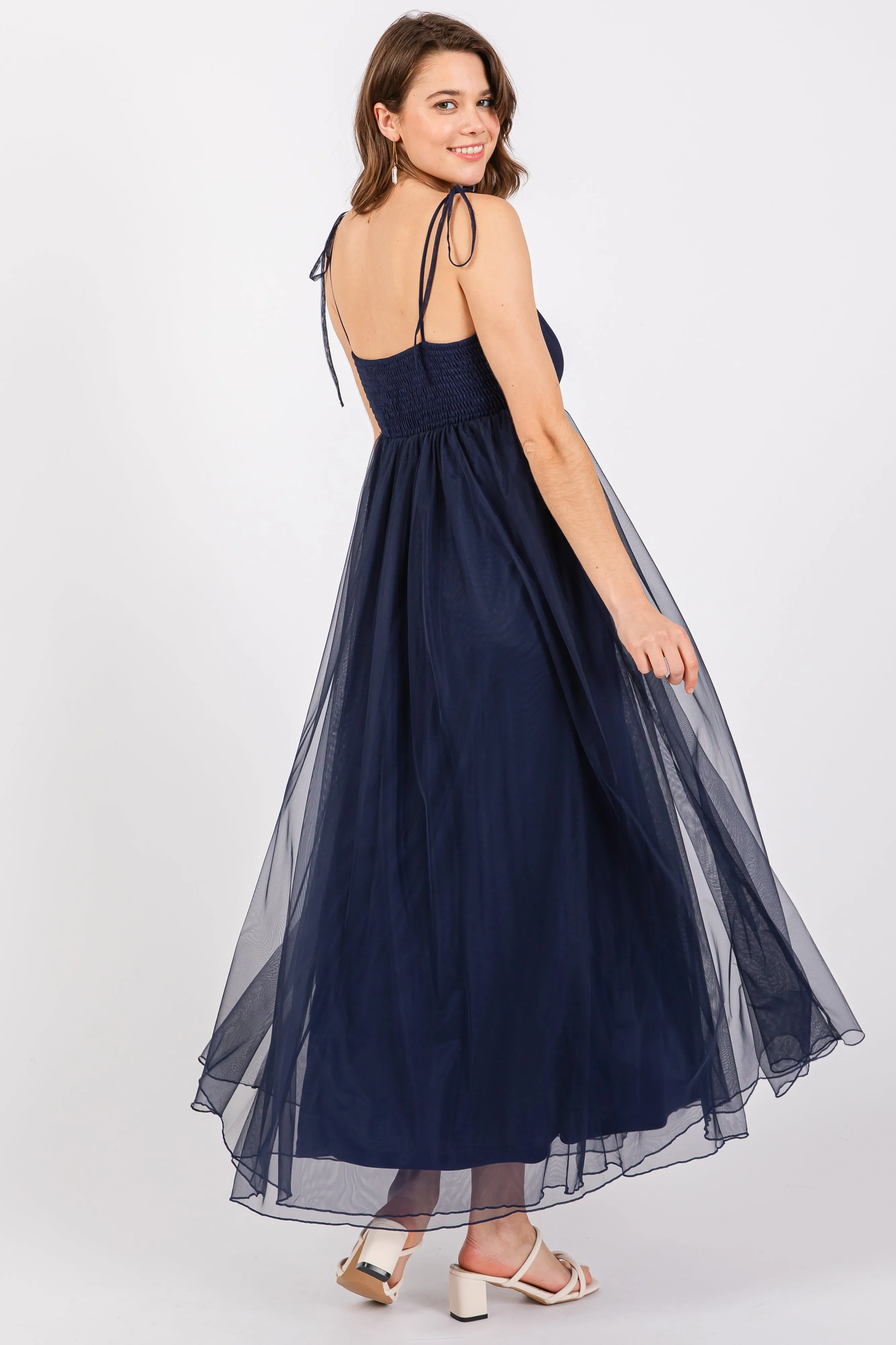 Navy Blue Square Neck Shoulder Tie Tulle Maxi Dress sold by Pinkblush product image thumbnail 3