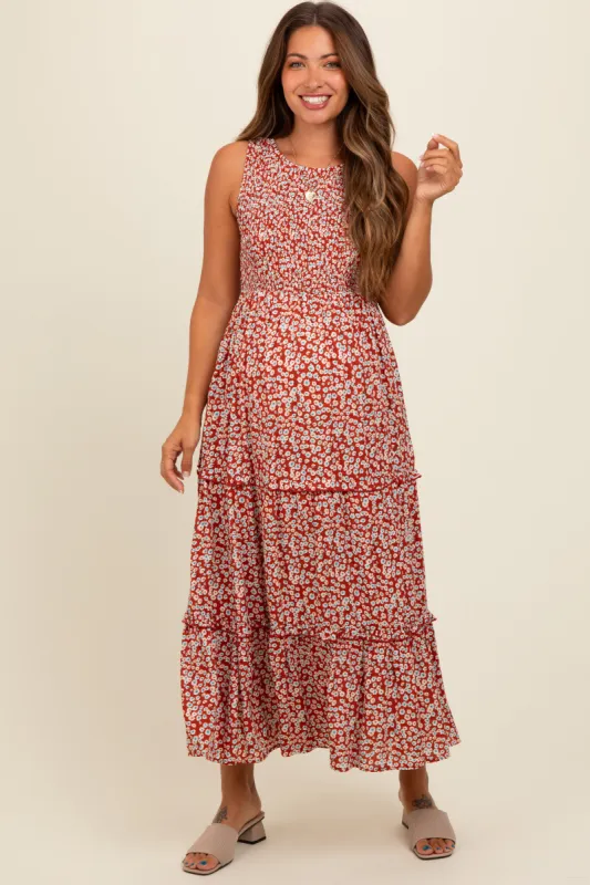 Rust Floral Sleeveless Ruffle Tiered Maternity Maxi Dress sold by Pinkblush