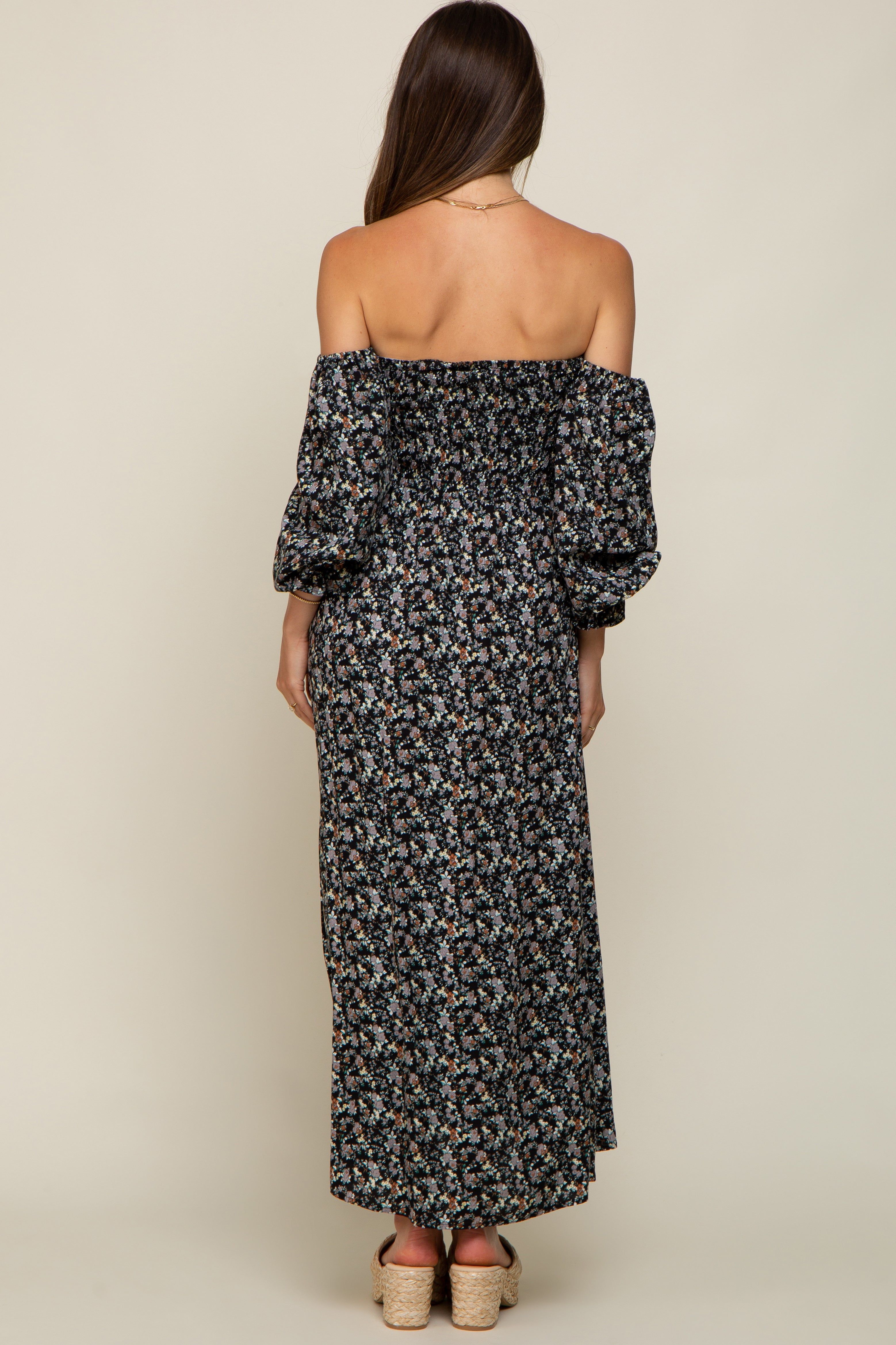 Black Floral Square Neck Smocked Long Sleeve Maternity Maxi Dress sold by Pinkblush product image thumbnail 3
