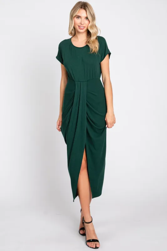 Forest Green Ribbed Front Drape Midi Dress sold by Pinkblush