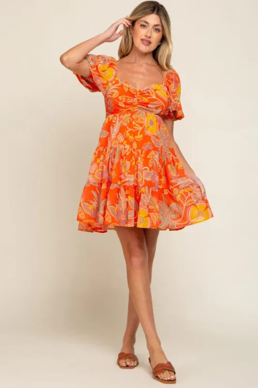 Orange Floral Sweetheart Tiered Maternity Dress sold by Pinkblush