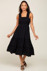 Black Smocked Square Neck Ruffle Strap Tiered Maternity Midi Dress sold by Pinkblush