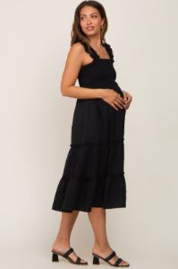 Black Smocked Square Neck Ruffle Strap Tiered Maternity Midi Dress sold by Pinkblush