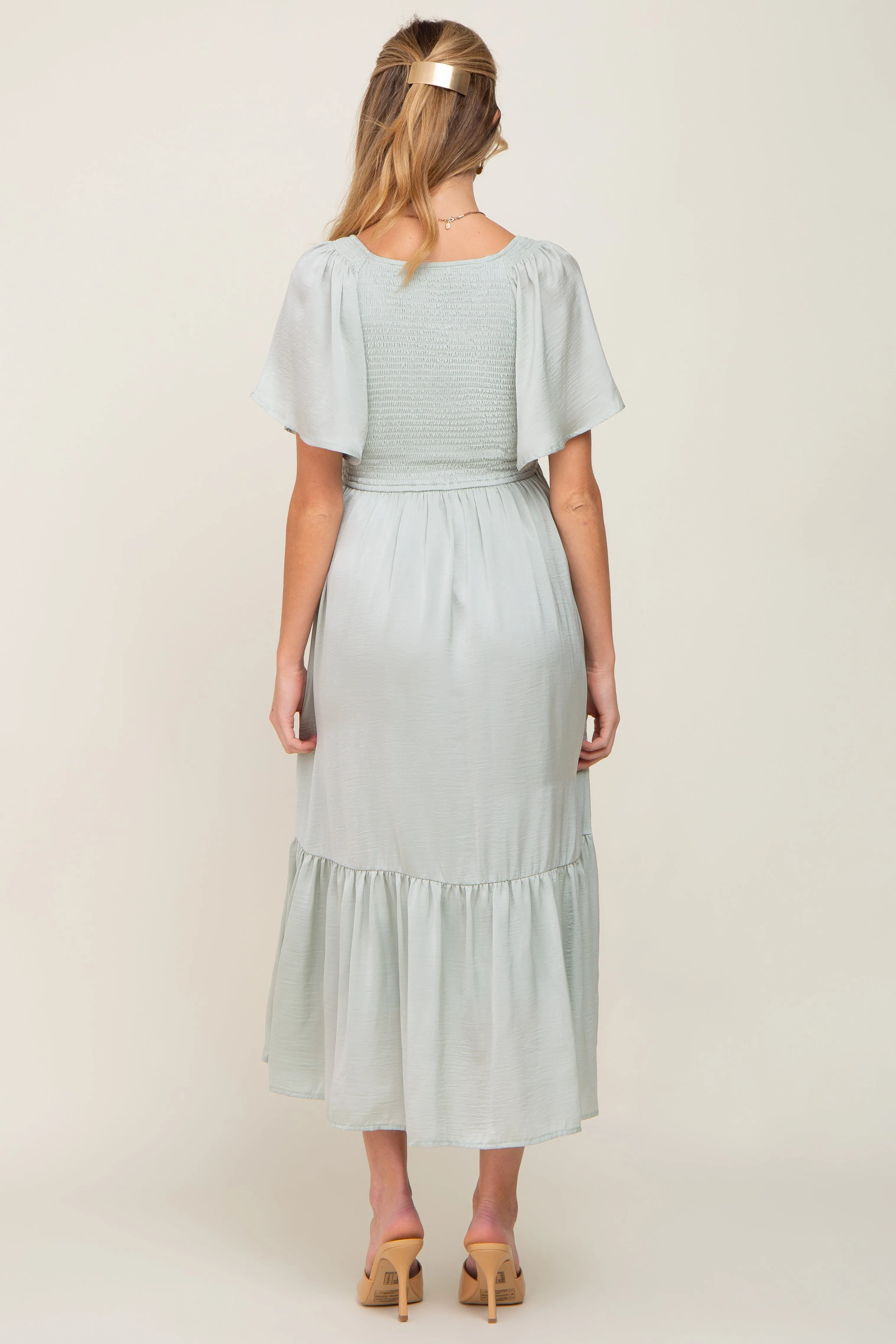 Mint Green Satin Smocked Maternity Midi Dress sold by Pinkblush product image thumbnail 3