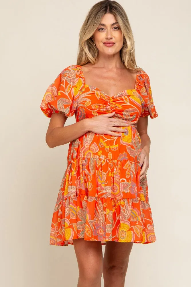 Orange Floral Sweetheart Tiered Maternity Dress sold by Pinkblush product image thumbnail 2
