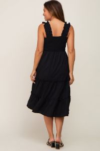 Black Smocked Square Neck Ruffle Strap Tiered Maternity Midi Dress sold by Pinkblush