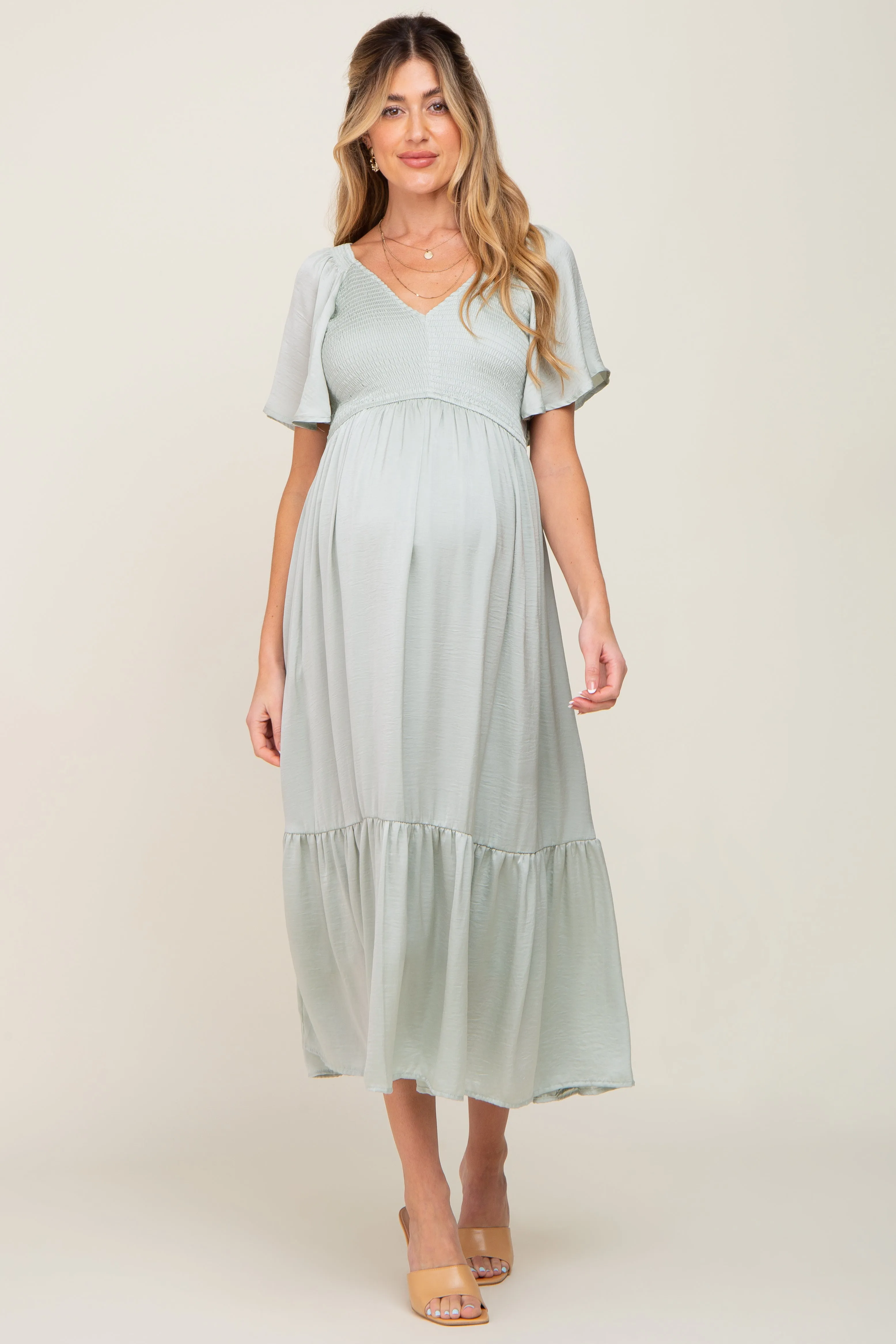 Mint Green Satin Smocked Maternity Midi Dress sold by Pinkblush product image thumbnail 4