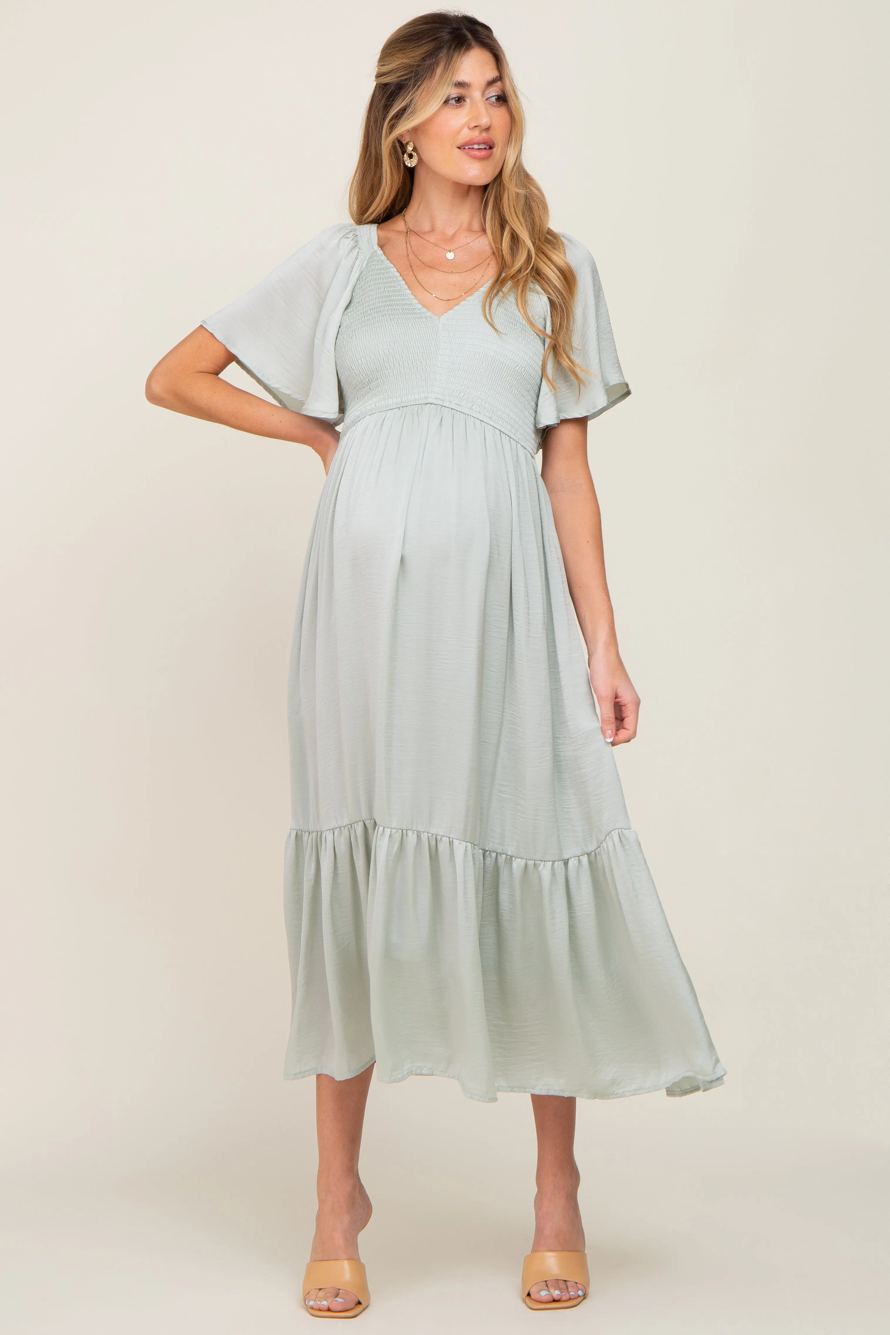 Mint Green Satin Smocked Maternity Midi Dress sold by Pinkblush