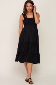 Black Smocked Square Neck Ruffle Strap Tiered Maternity Midi Dress sold by Pinkblush