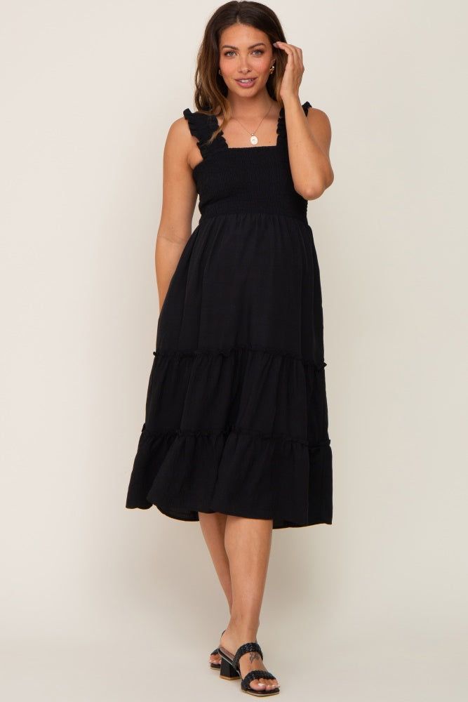 Black Smocked Square Neck Ruffle Strap Tiered Maternity Midi Dress sold by Pinkblush product image thumbnail 4