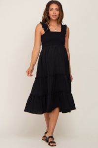 Black Smocked Square Neck Ruffle Strap Tiered Maternity Midi Dress sold by Pinkblush
