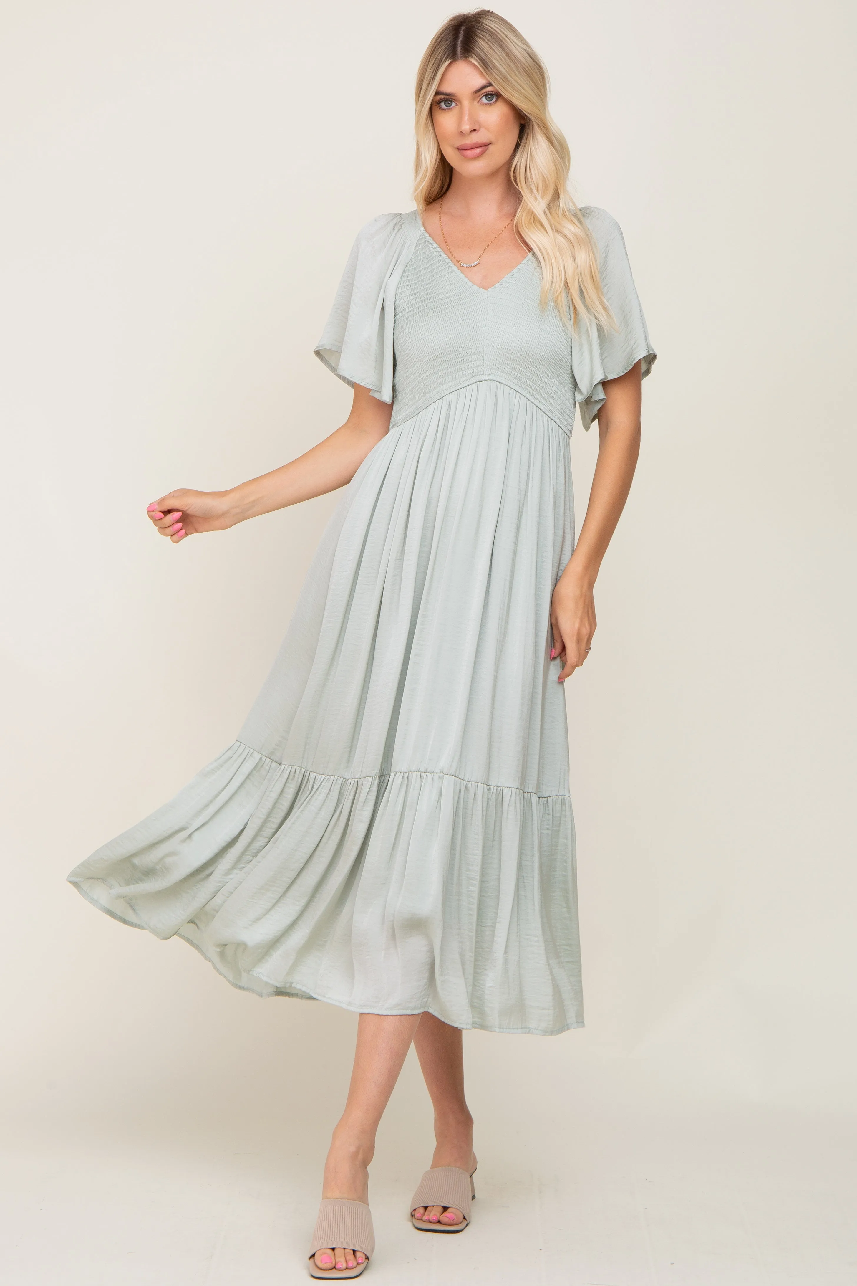 Mint Green Satin Smocked Maternity Midi Dress sold by Pinkblush product image thumbnail 5