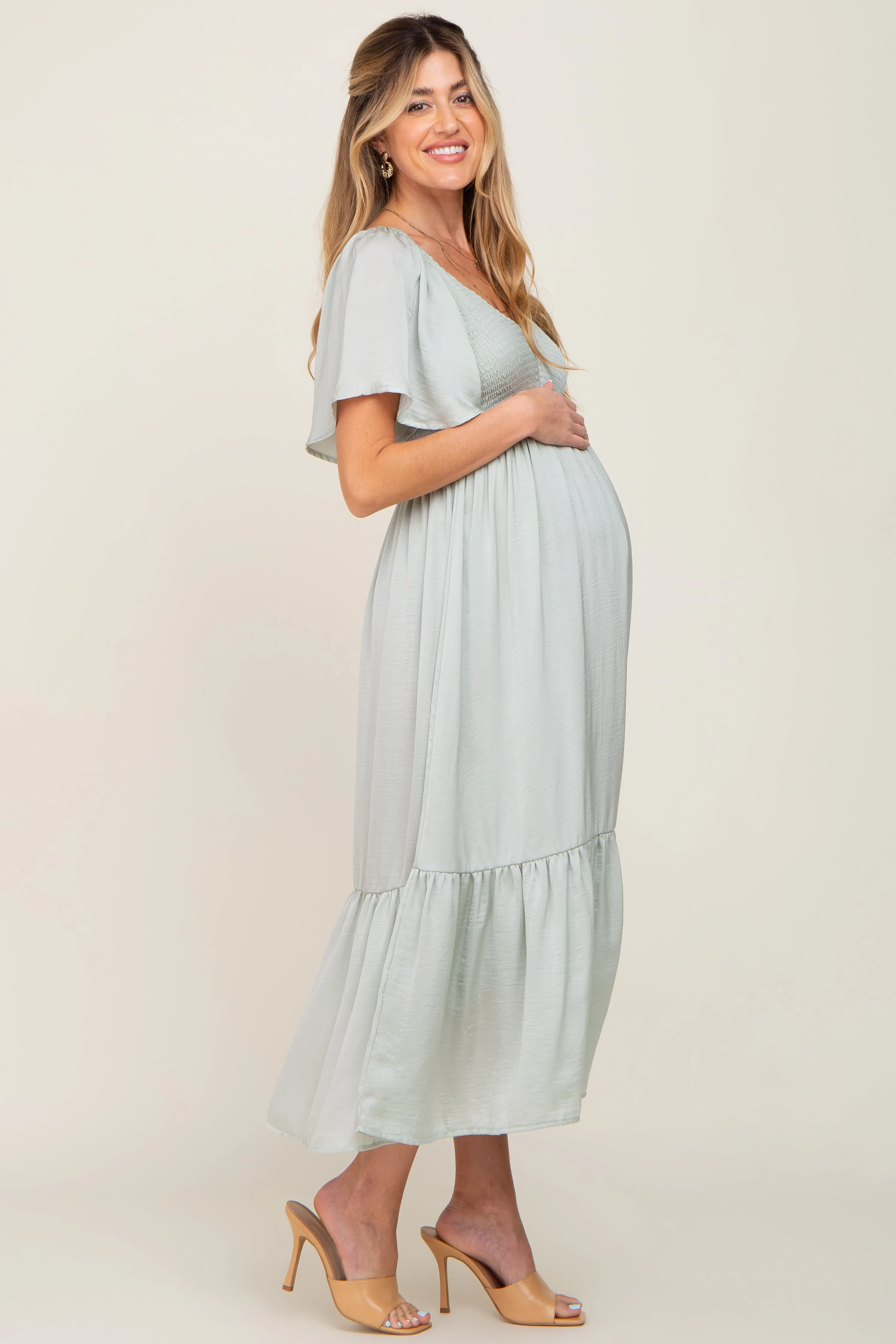 Mint Green Satin Smocked Maternity Midi Dress sold by Pinkblush product image thumbnail 2