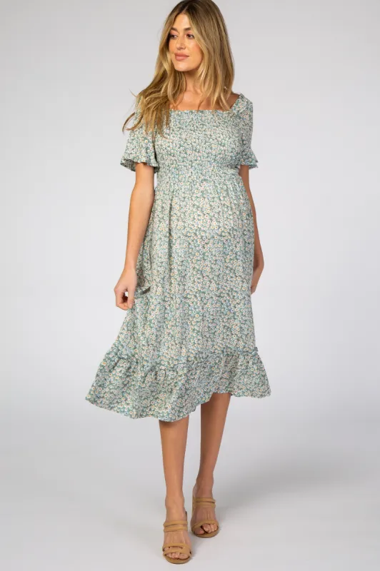 Light Blue Floral Ruffle Maternity Midi Dress sold by Pinkblush