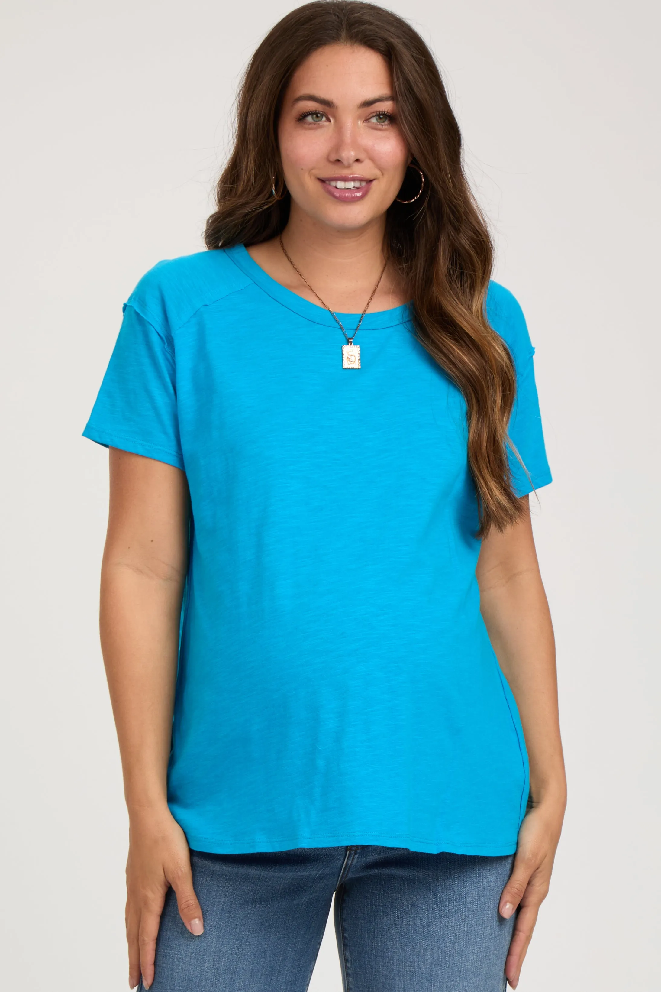 Blue Raw Hem Maternity Short Sleeve Top sold by Pinkblush