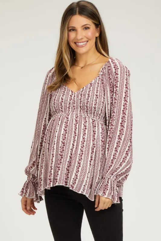 Burgundy Floral Long Sleeve Maternity Blouse sold by Pinkblush