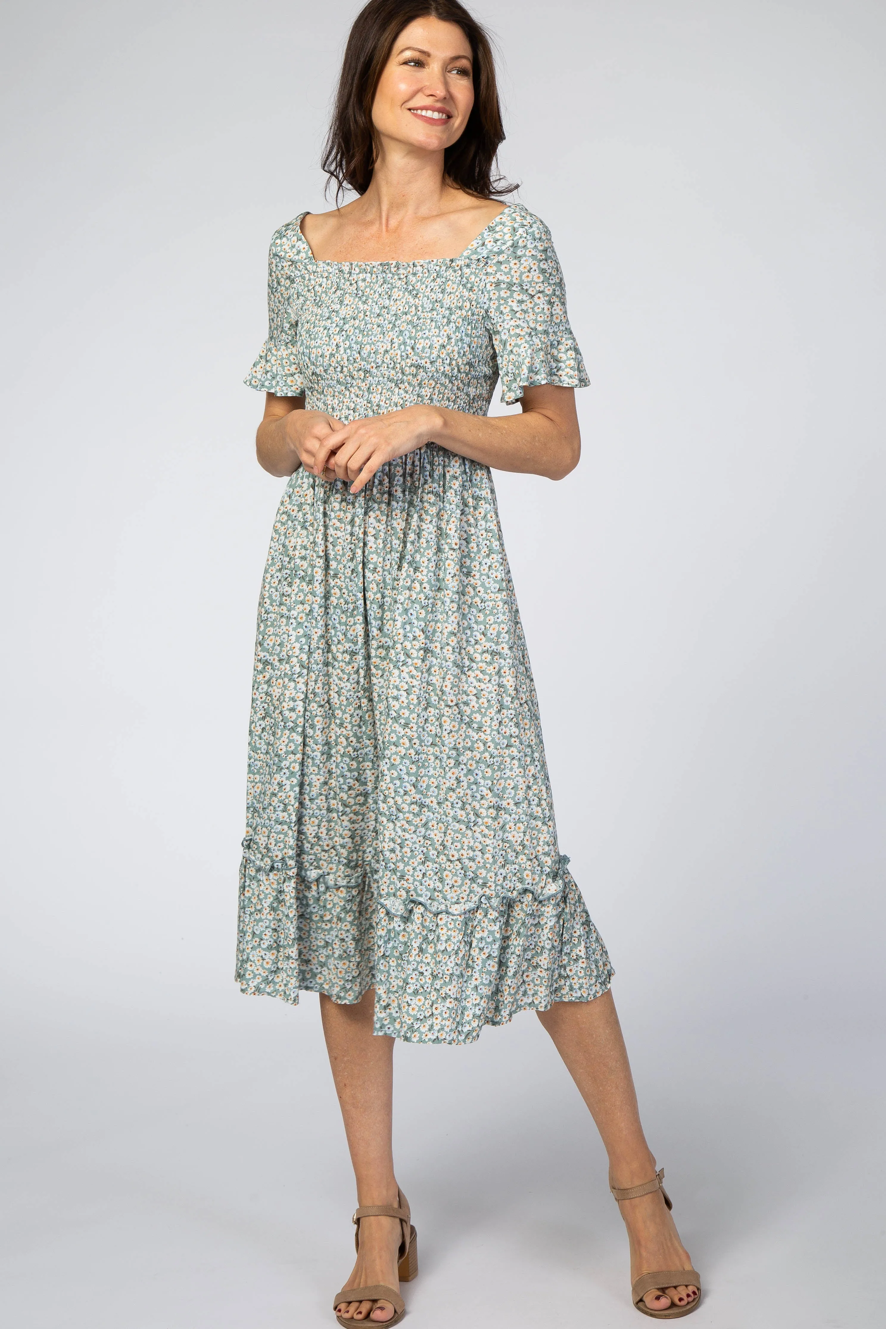 Light Blue Floral Ruffle Maternity Midi Dress sold by Pinkblush product image thumbnail 4