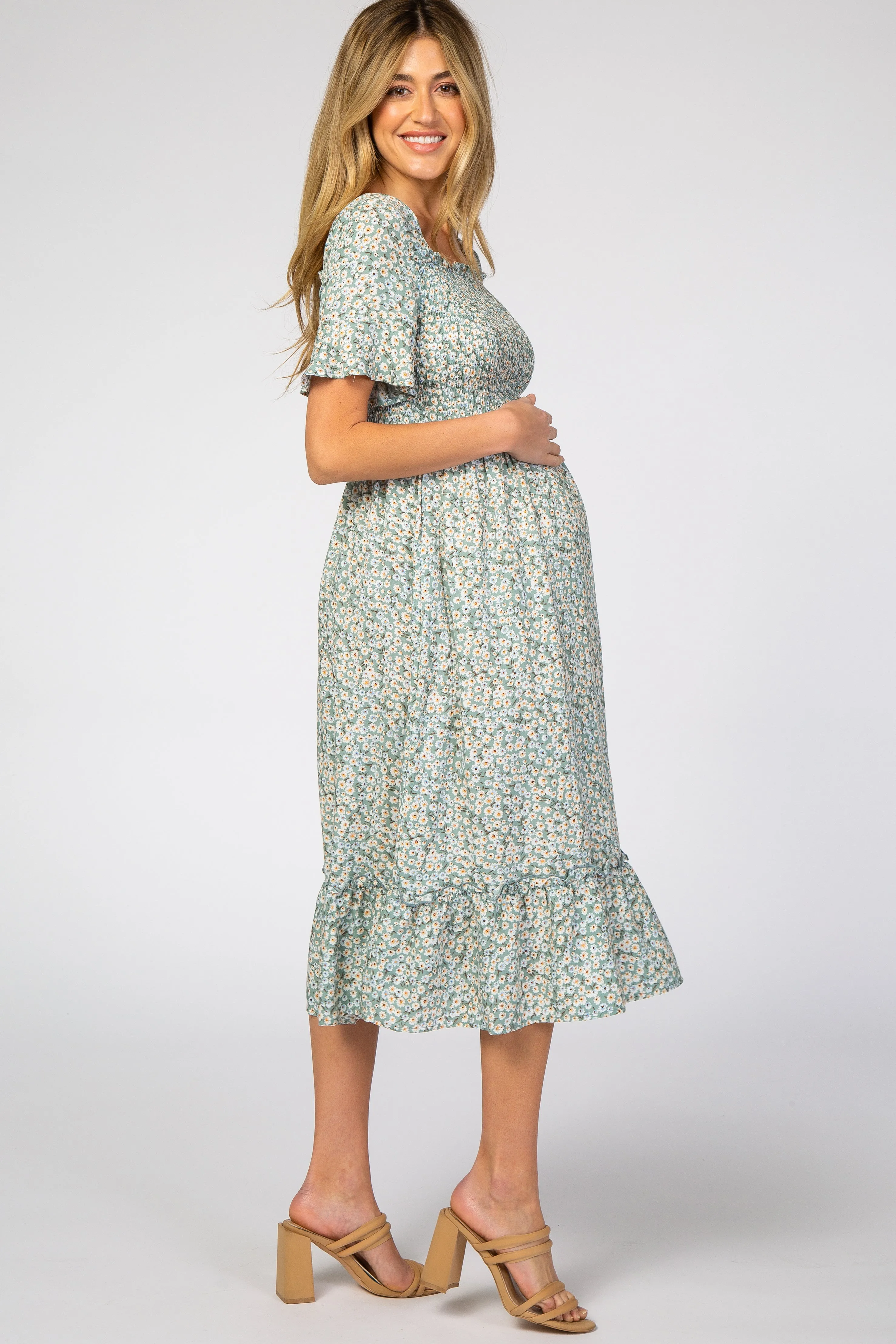 Light Blue Floral Ruffle Maternity Midi Dress sold by Pinkblush product image thumbnail 2