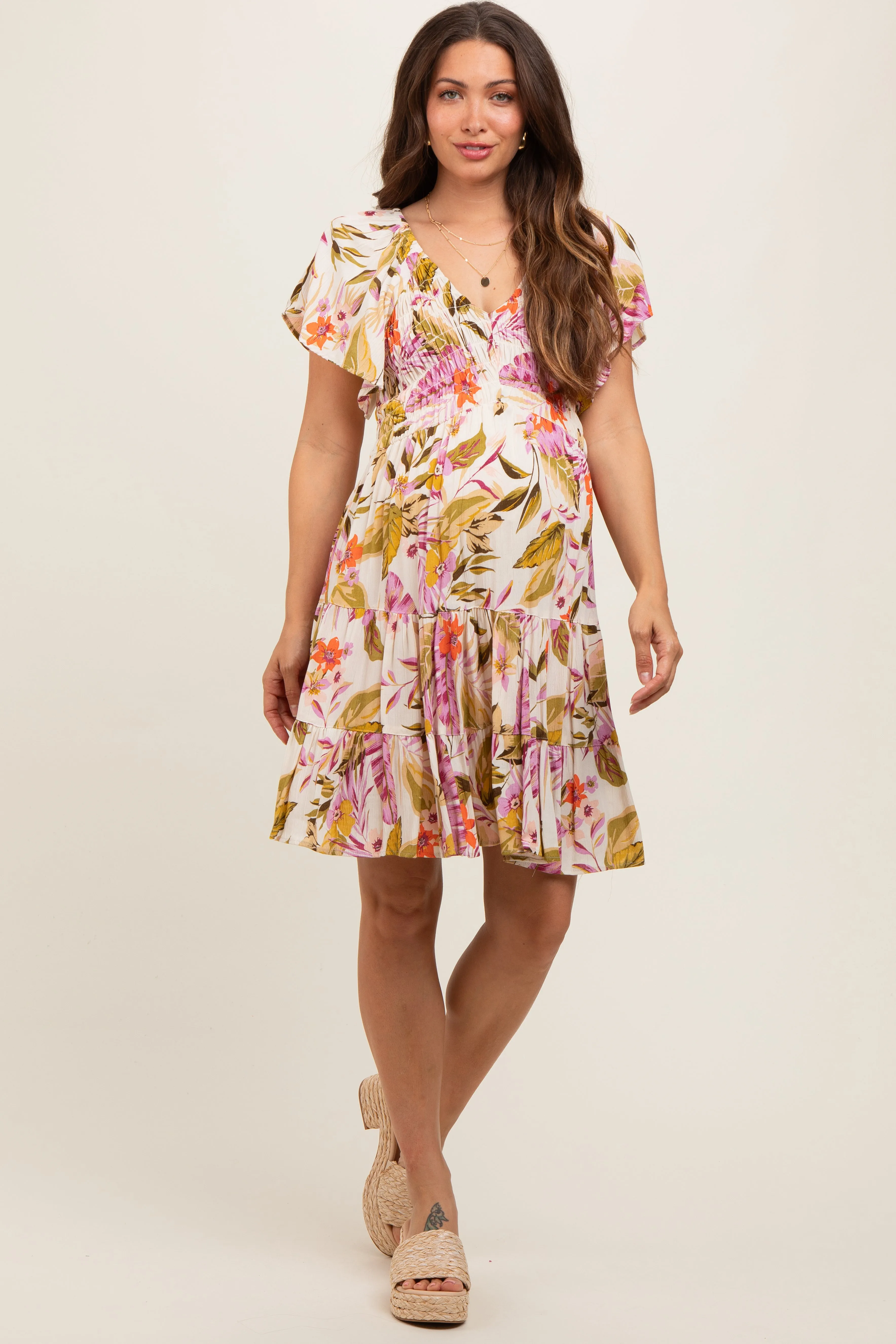 Ivory Floral Smocked Front Tiered Maternity Dress sold by Pinkblush product image thumbnail 2