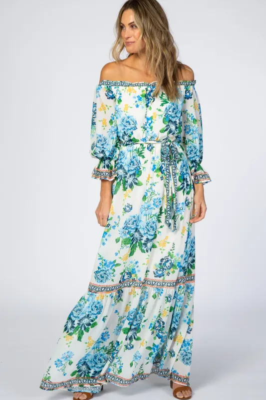 Ivory Floral Off Shoulder Maxi Dress sold by Pinkblush