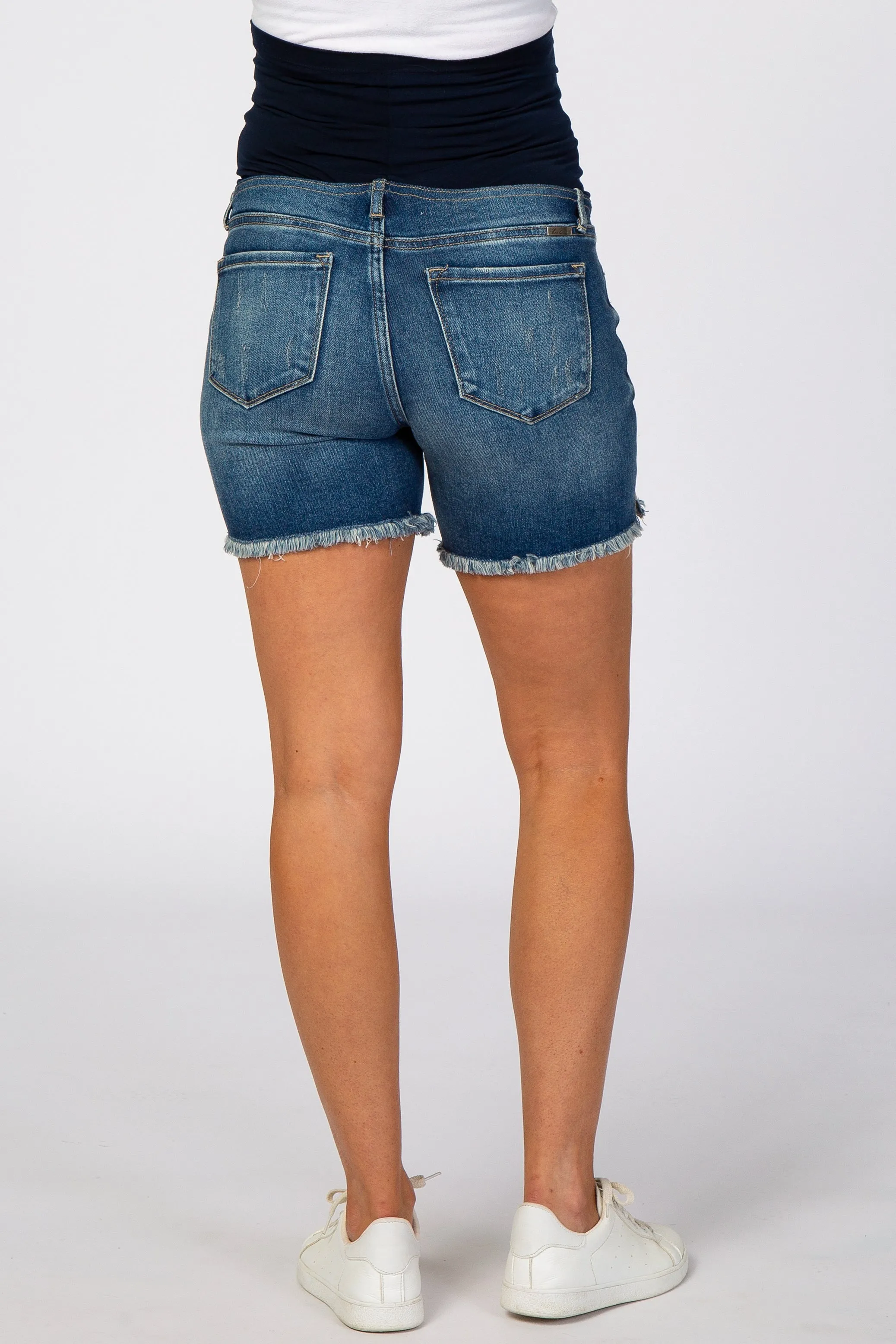 Blue Distressed Fringe Hem Maternity Jean Shorts sold by Pinkblush product image thumbnail 4