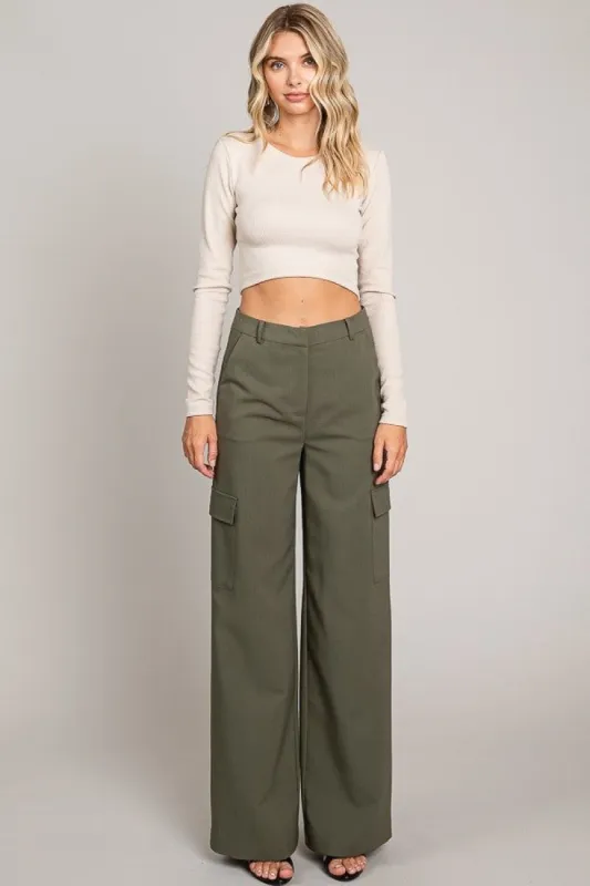 Olive Twill Wide Leg Flap Pocket Pants sold by Pinkblush