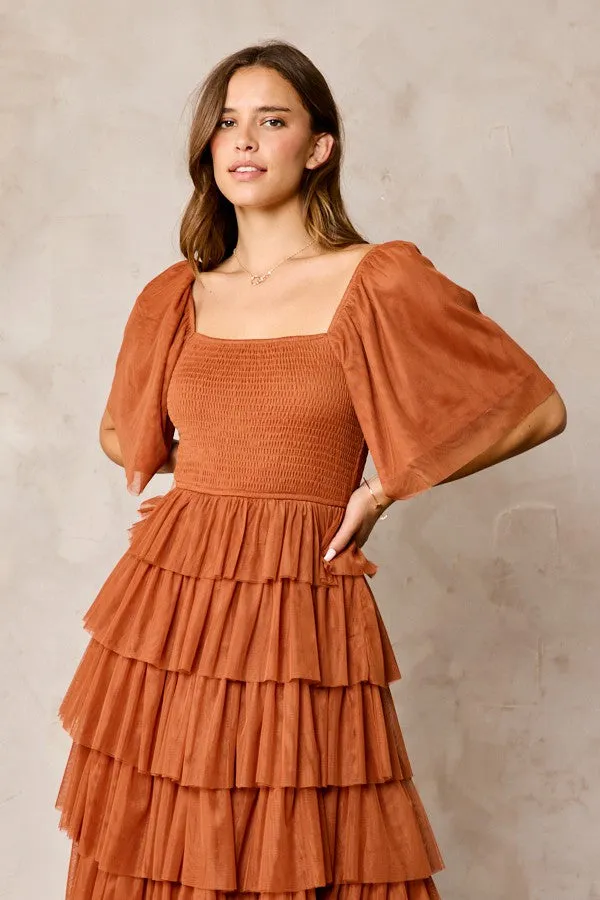 Camel Tulle Smocked Square Neck Tiered Midi Dress sold by Pinkblush product image thumbnail 4
