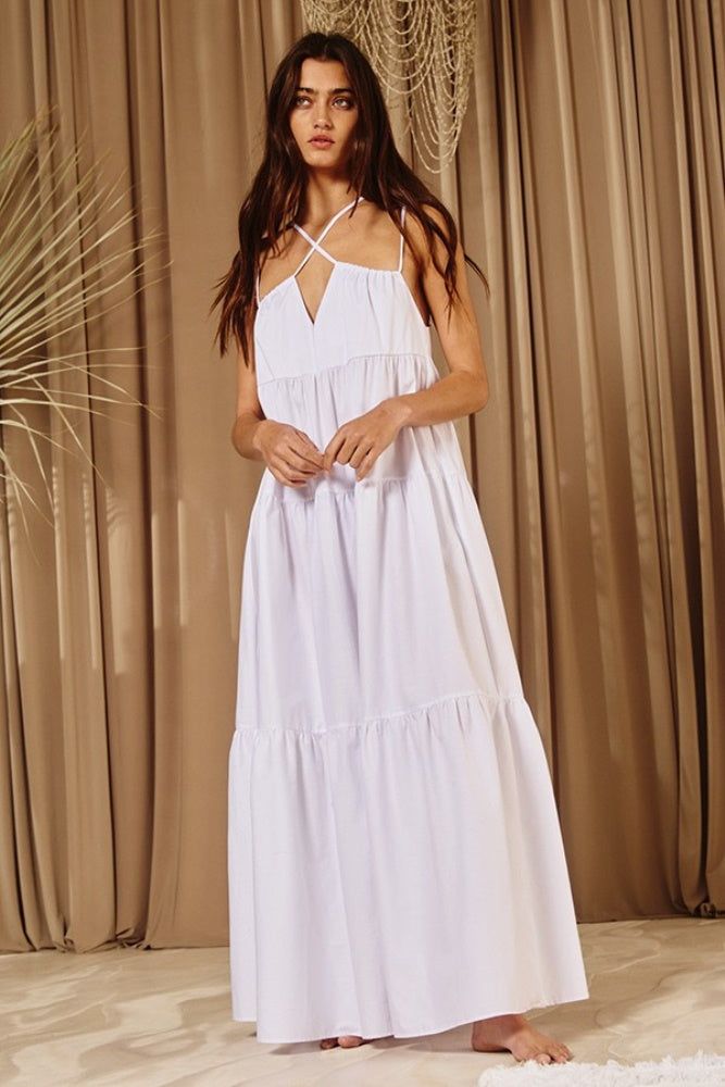 Off White Strappy Tiered Poplin Maxi Dress sold by Pinkblush product image thumbnail 2