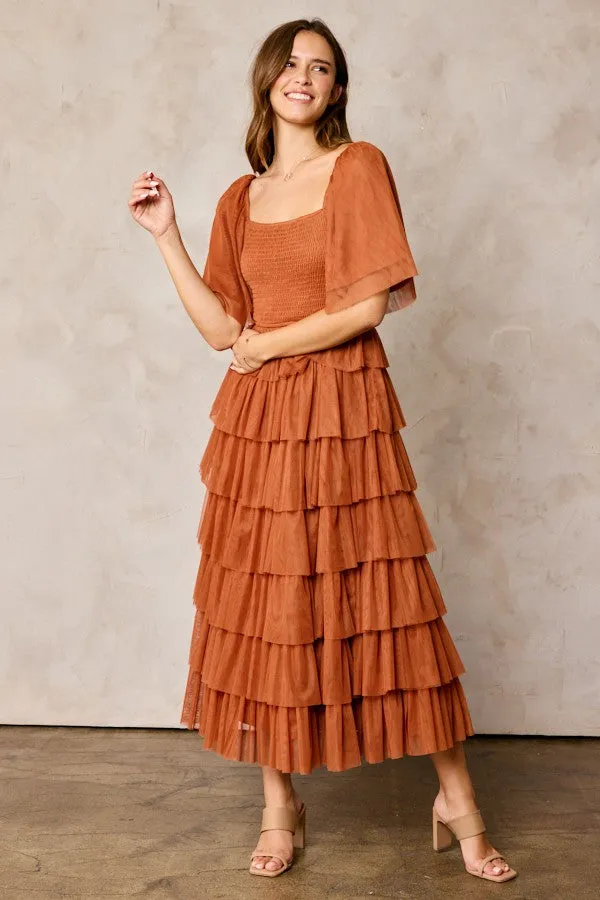 Camel Tulle Smocked Square Neck Tiered Midi Dress sold by Pinkblush
