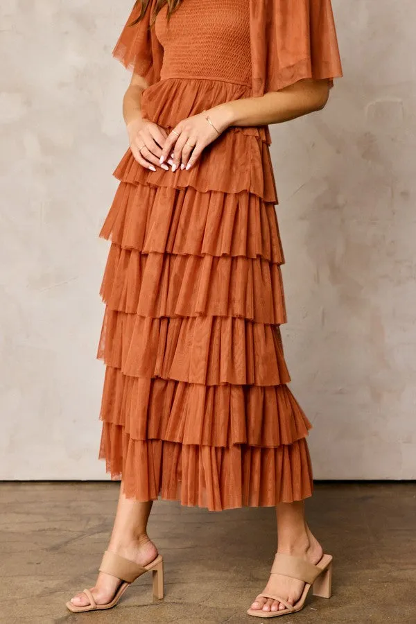Camel Tulle Smocked Square Neck Tiered Midi Dress sold by Pinkblush product image thumbnail 5