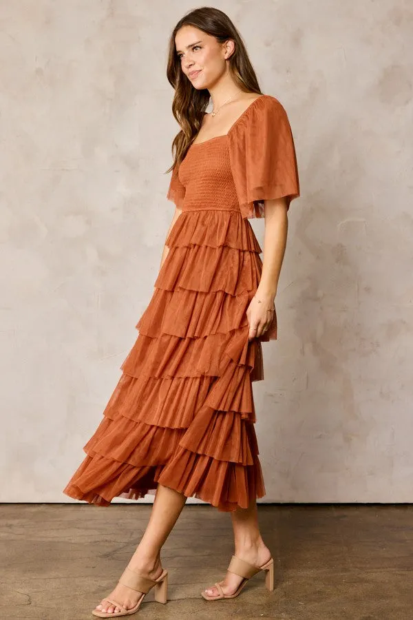 Camel Tulle Smocked Square Neck Tiered Midi Dress sold by Pinkblush product image thumbnail 2