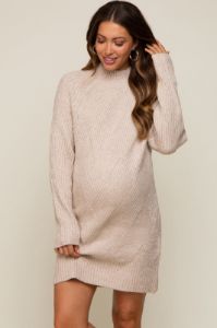 Beige Knit Long Sleeve Maternity Sweater Dress sold by Pinkblush
