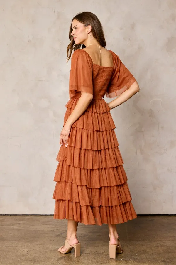 Camel Tulle Smocked Square Neck Tiered Midi Dress sold by Pinkblush product image thumbnail 3