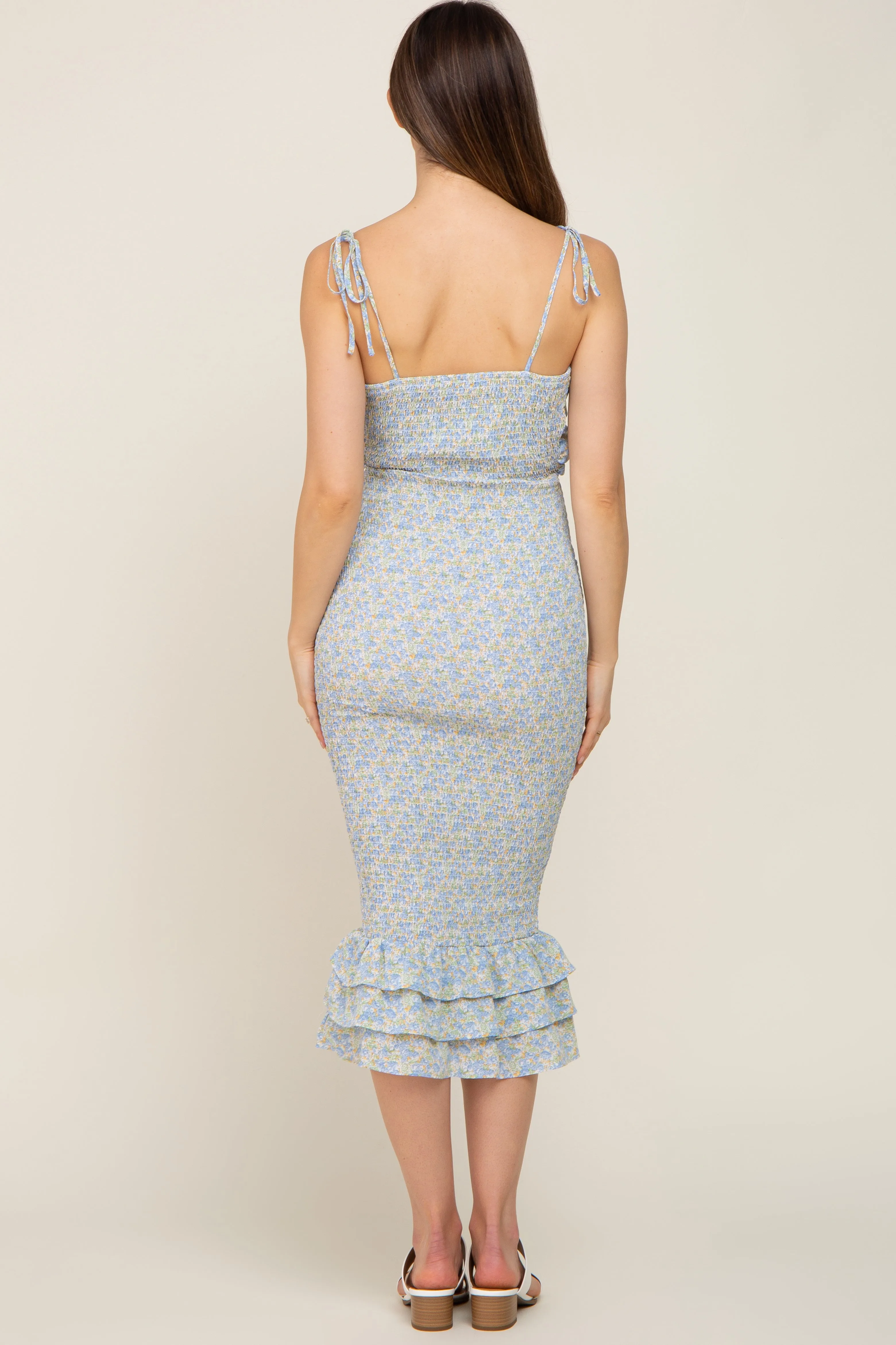 Blue Floral Knot Front Smocked Maternity Midi Dress sold by Pinkblush product image thumbnail 3