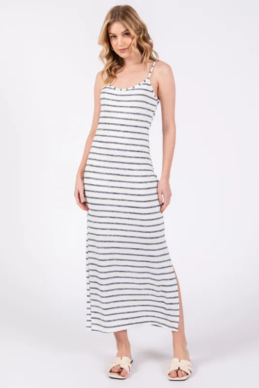 Navy Blue Striped Knit Side Slit Sleeveless Midi Dress sold by Pinkblush