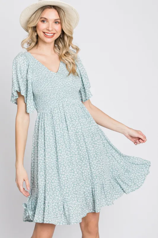 Mint Green Floral Print Smocked V-Neck Dress sold by Pinkblush