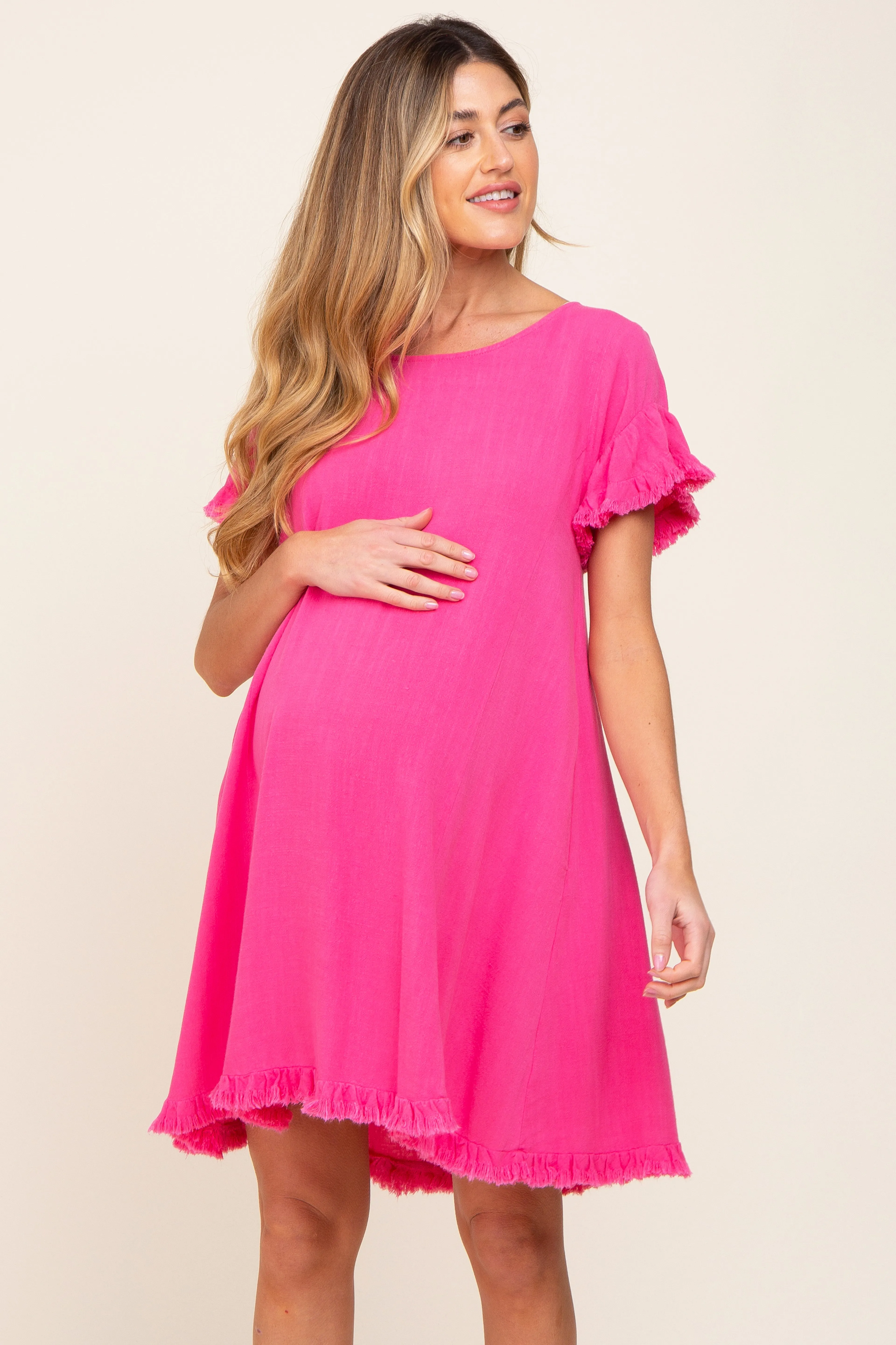 Fuchsia Fringe Linen Maternity Dress sold by Pinkblush