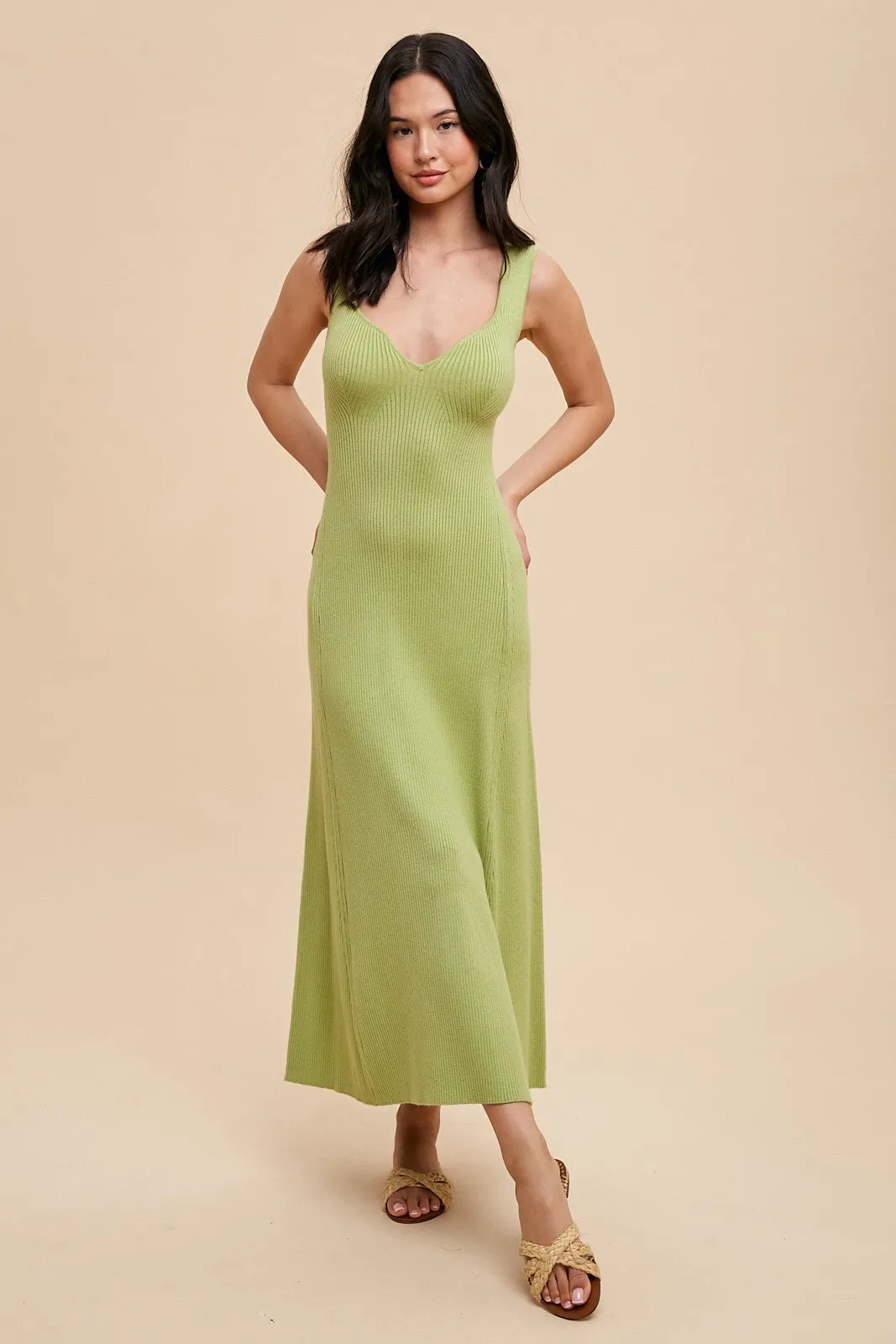 Light Olive Knit Deep V-Neck Maxi Dress sold by Pinkblush product image thumbnail 2