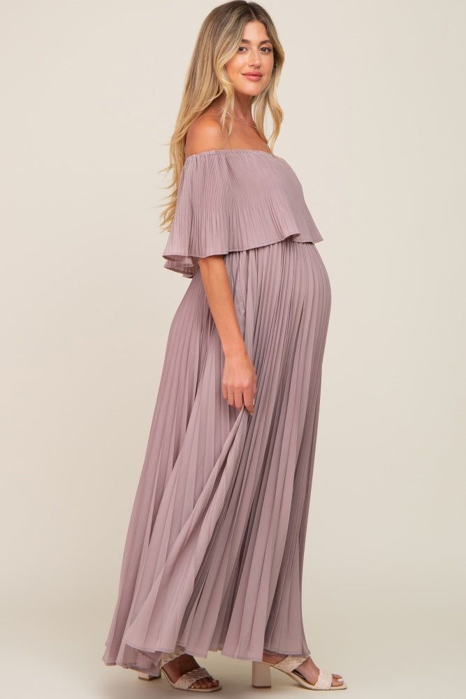 Taupe Pleated Layered Off Shoulder Maternity Maxi Dress sold by Pinkblush product image thumbnail 2
