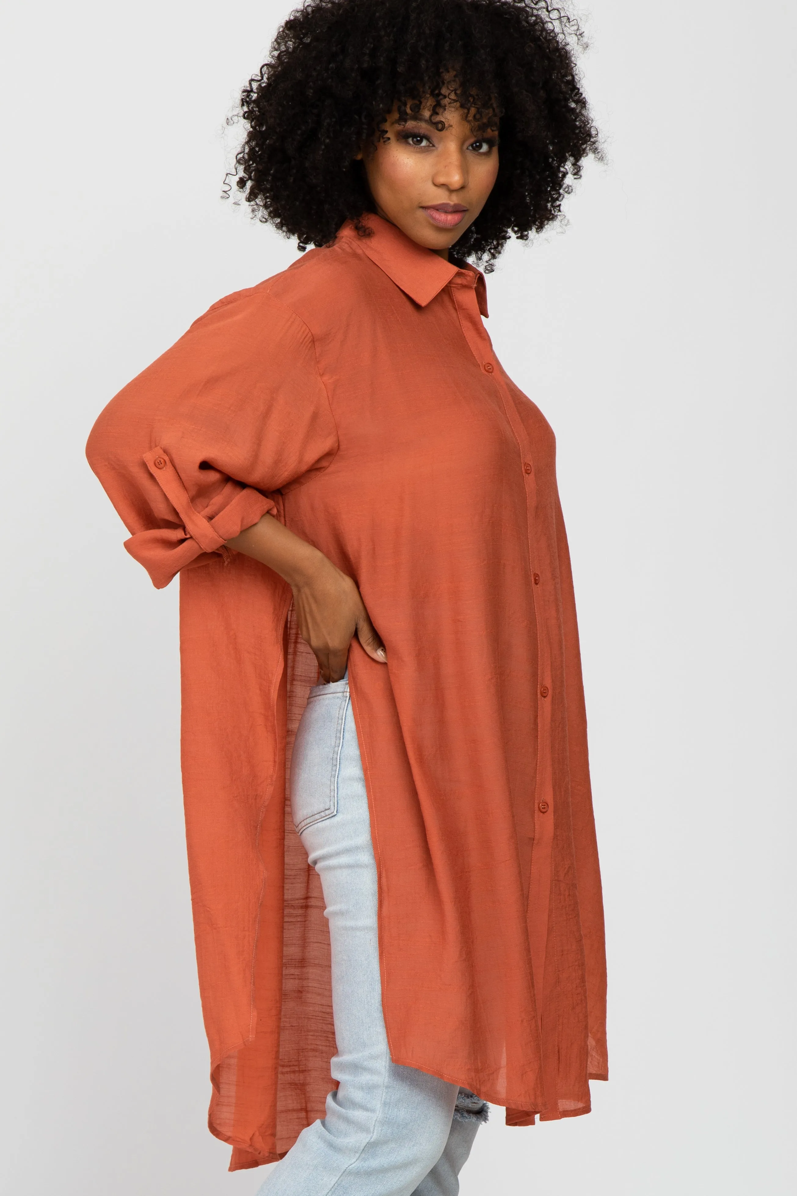 Rust Button Front Side Slit Oversized Blouse sold by Pinkblush product image thumbnail 3