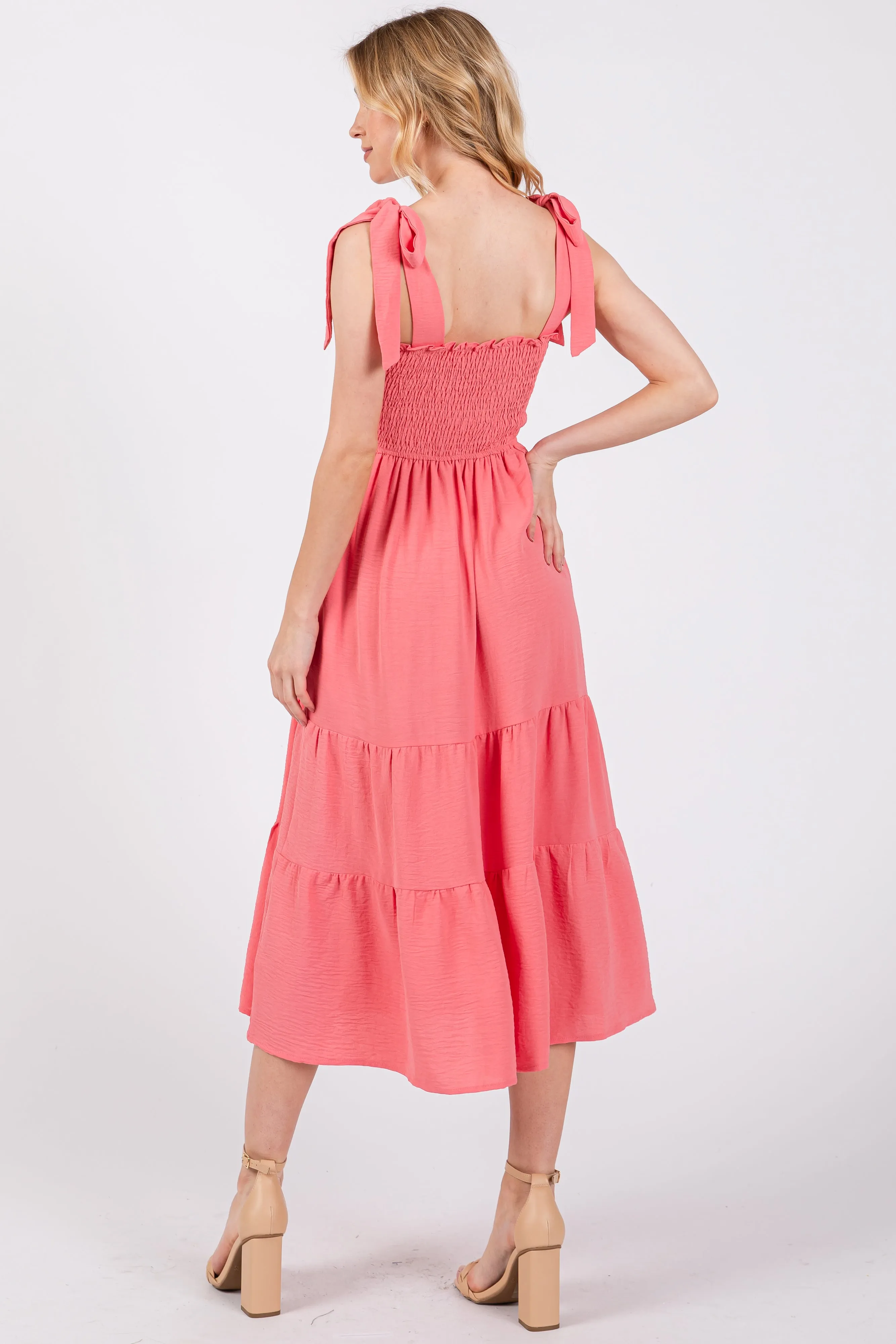 Salmon Smocked Tie Strap Tiered Midi Dress sold by Pinkblush product image thumbnail 3
