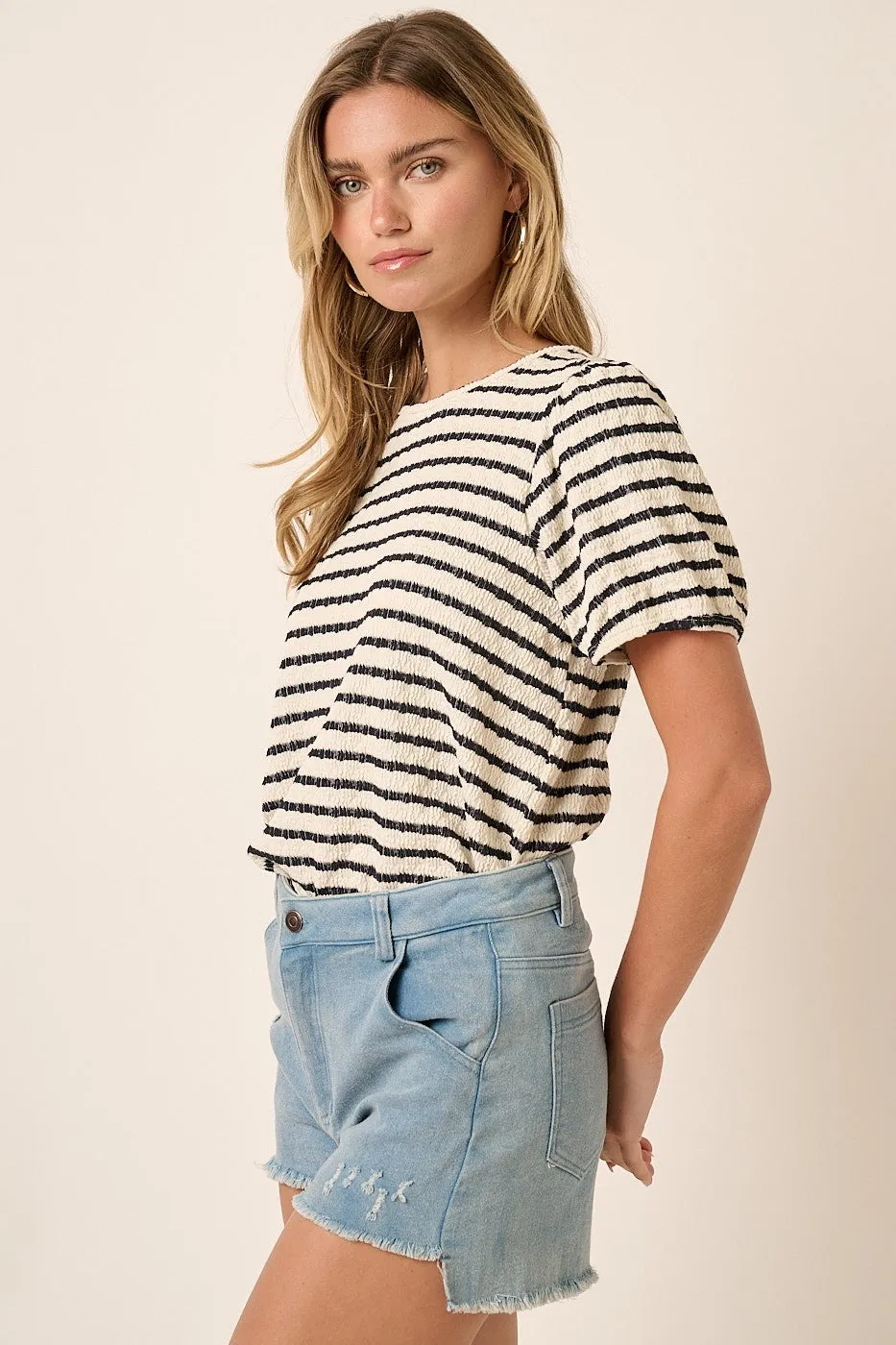 Black Striped Textured Puff Sleeve Top sold by Pinkblush product image thumbnail 2