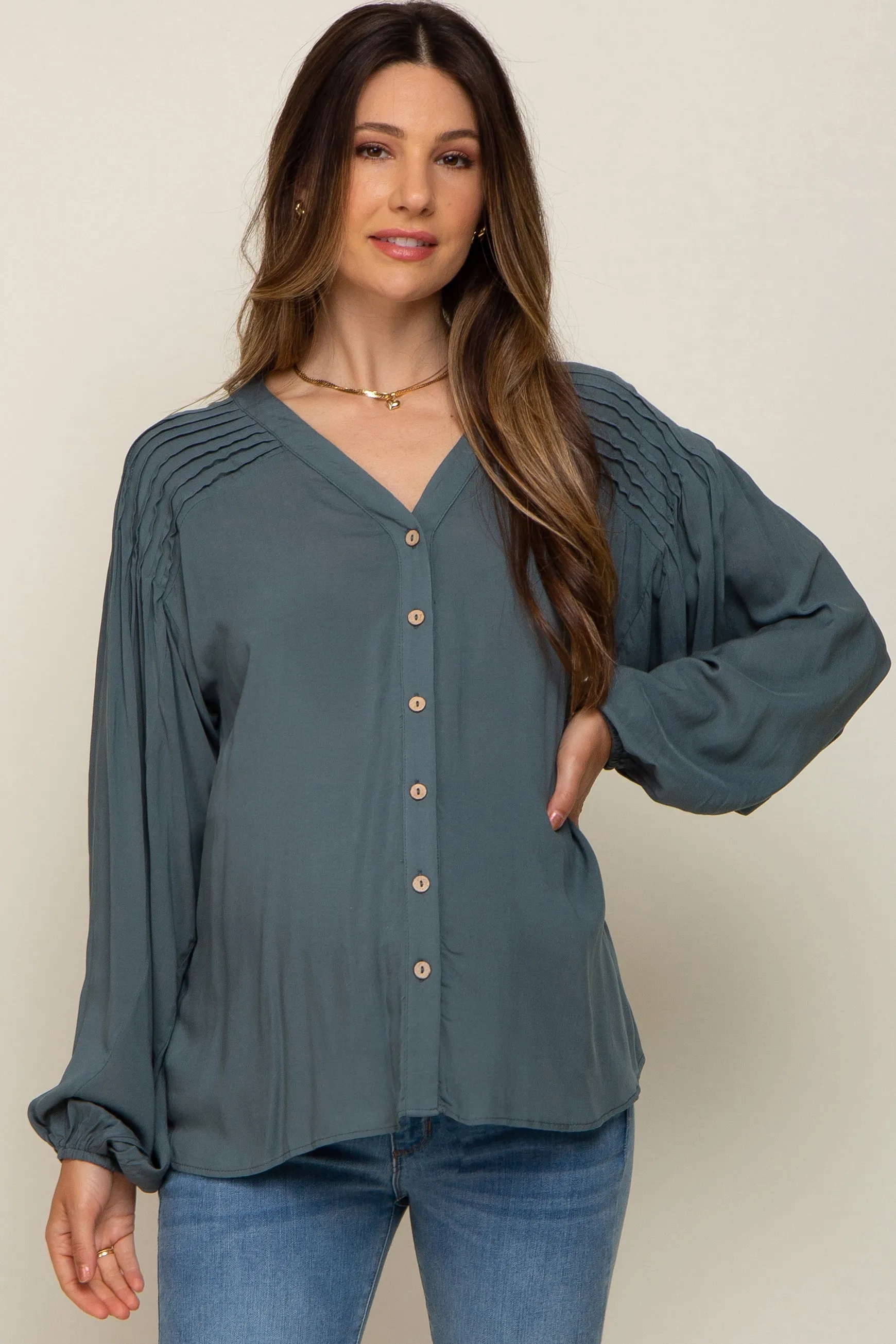 Teal Pleated Detail Maternity Blouse sold by Pinkblush