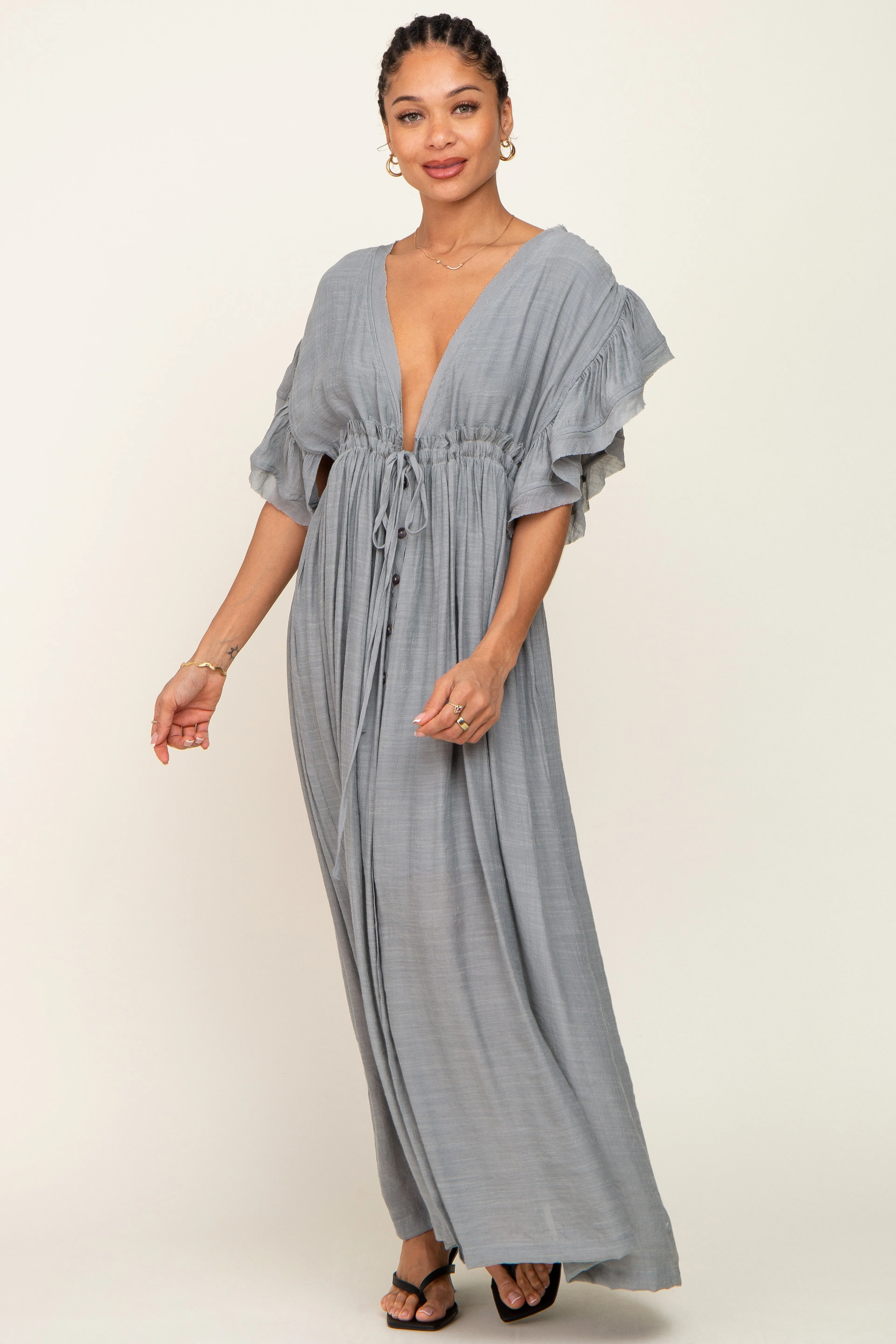 Grey Deep V-Neck Button Down Maxi Dress sold by Pinkblush product image thumbnail 4