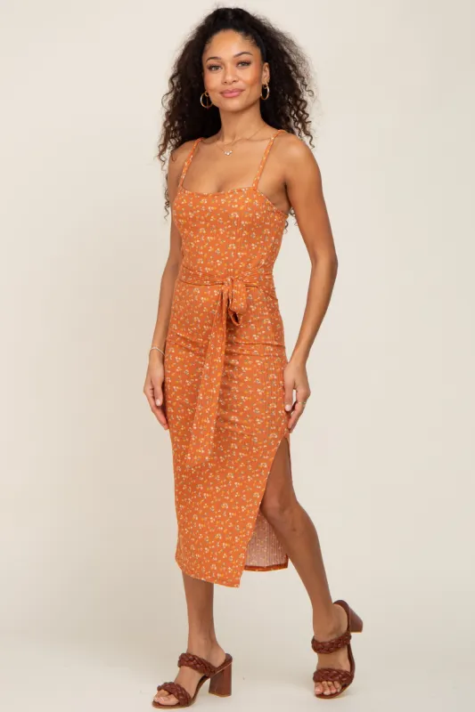 Rust Ribbed Floral Back Tie Midi Dress sold by Pinkblush
