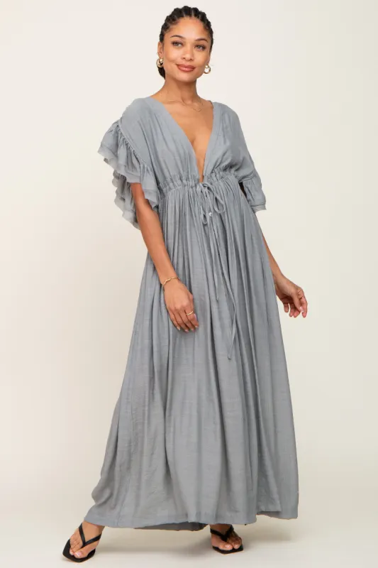 Grey Deep V-Neck Button Down Maxi Dress sold by Pinkblush