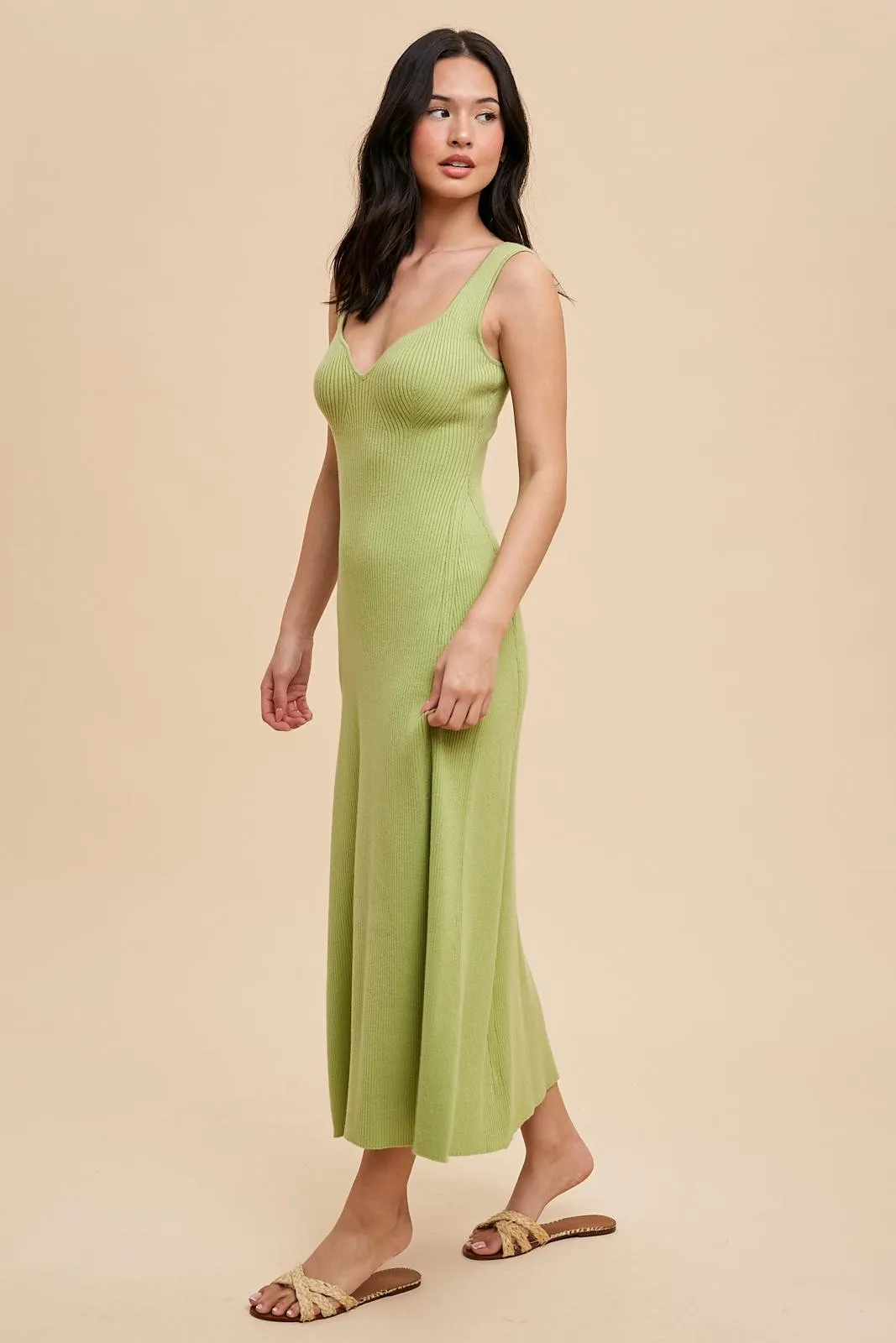 Light Olive Knit Deep V-Neck Maxi Dress sold by Pinkblush product image thumbnail 3