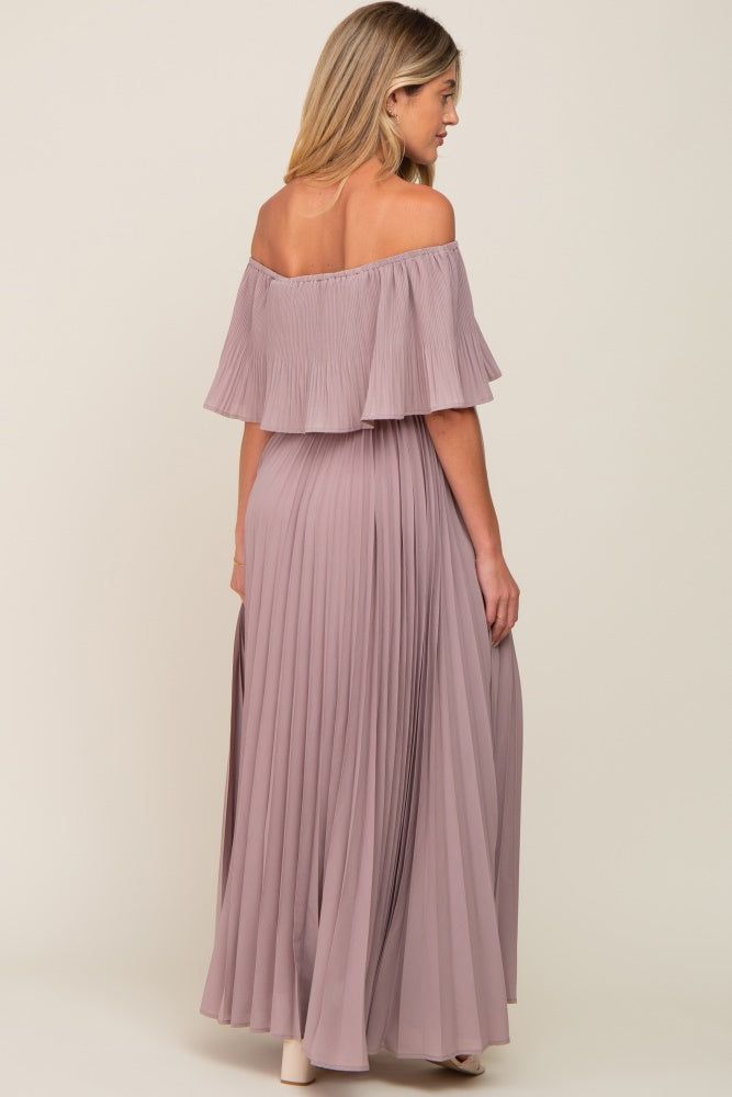 Taupe Pleated Layered Off Shoulder Maternity Maxi Dress sold by Pinkblush product image thumbnail 3