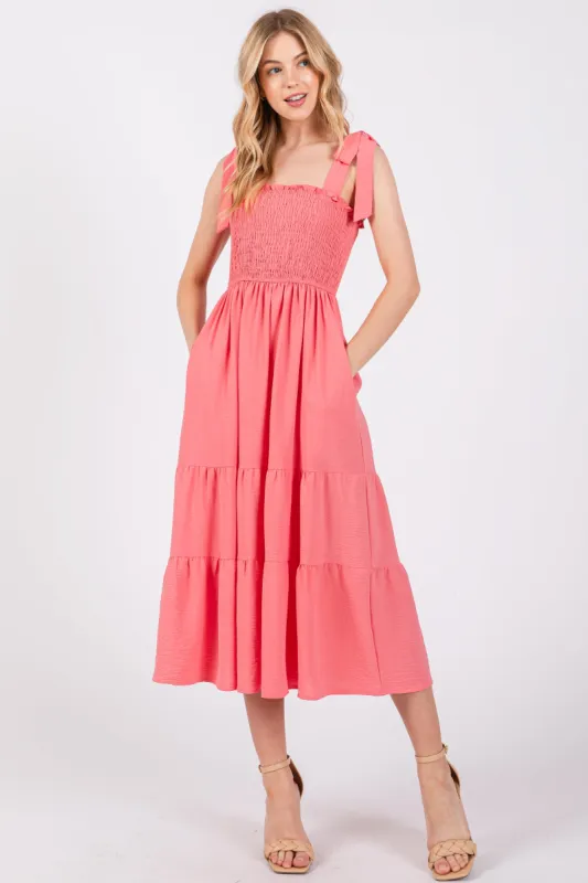 Salmon Smocked Tie Strap Tiered Midi Dress sold by Pinkblush