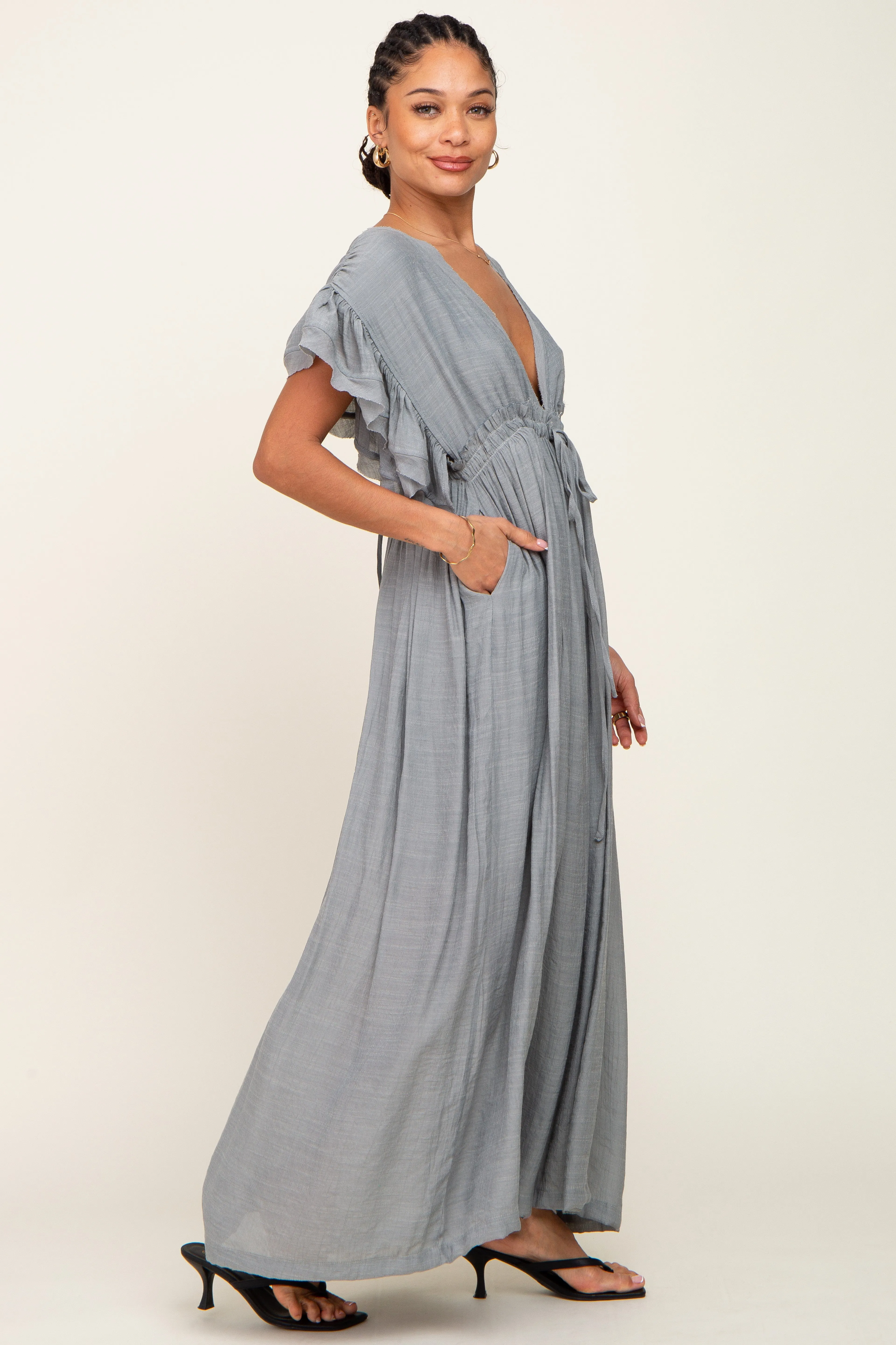 Grey Deep V-Neck Button Down Maxi Dress sold by Pinkblush product image thumbnail 2